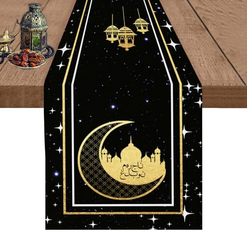 Eid Mubarak Ramadan Table Runner 13x72 Inch, Moon and Stars Mosque Black and Gold Linen Table Runner, Ramadan Mubarak Table Runner for Dining Table, Dresser & Home Decorations - color: Star Moon Mosque Ramadan Table Runner