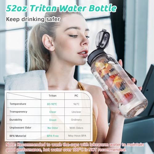 UTEBIT 52oz Fruit Infuser Water Bottle, with Time Marker & Straw & Chug Lid | BPA-Free & Leak- Proof Fruit Infusion Sports Bottle, Large Water Jug with Strap for Gym, Camping, Travel, Outdoor, Clear - style: 52OZ