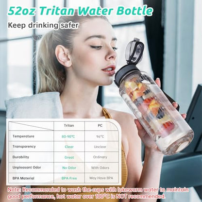 UTEBIT 52oz Fruit Infuser Water Bottle, with Time Marker & Straw & Chug Lid | BPA-Free & Leak- Proof Fruit Infusion Sports Bottle, Large Water Jug with Strap for Gym, Camping, Travel, Outdoor, Clear - style: 52OZ