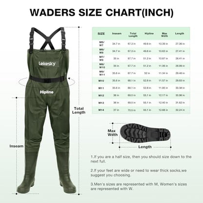 Lekesky Fly Fishing Chest Waders with Boots for Men Women, US Sizes 5–14,2-Ply Nylon/Pvc Waterproof Waders - color: Green, size: M8/W10