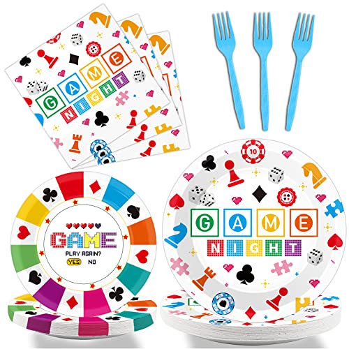 96 Pcs Family Game Night Party Plates Napkins Tableware Set Gaming Supplies Disposable Dinnerware Video Game Decoration Favors for Kids, 24 Guests - style: Family Game Night Party