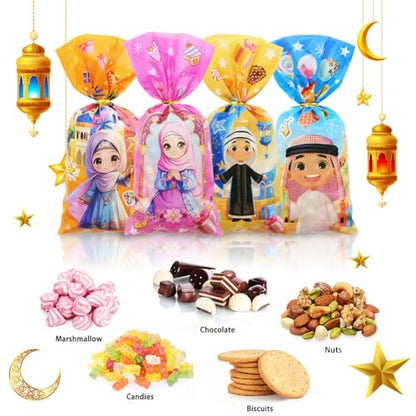 Eid Mubarak Cellophane Treat, Lovely Muslim Ramadan Decorations Cartoon Print Goodie Bags Candy Cellophane Goody Favor Gift Bags for Kids Boys Girls, Muslim Islamic Eid Iftar Diwali Party Supplies