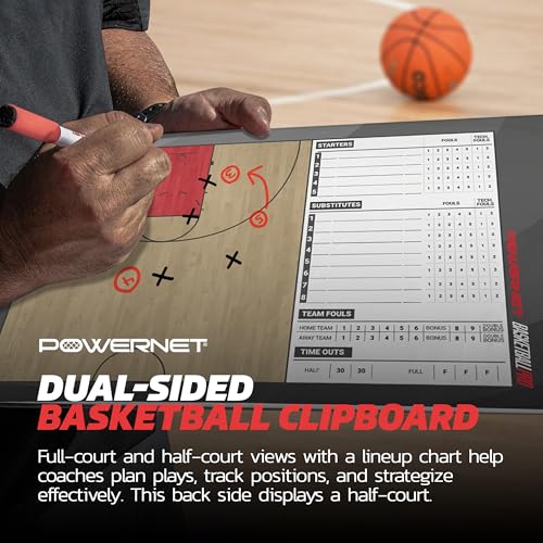 PowerNet Magnetic Coaching Clipboard, Basketball Whiteboard with Line Up Chart, Double Sided Dry Erase Board, Weatherproof Coach Clipboard, Includes 2 Dry Erase Markers - style: Basketball