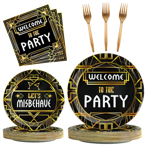 100 Pcs Roaring 1920s Party Decorations, Speakeasy Misbehave Black Gold Birthday Party Decors Art Décor Retro Murder Mystery Party Supplies for 1920s Vintage Flapper Wedding Supplies Serve 25 - style: Roaring 20s Party