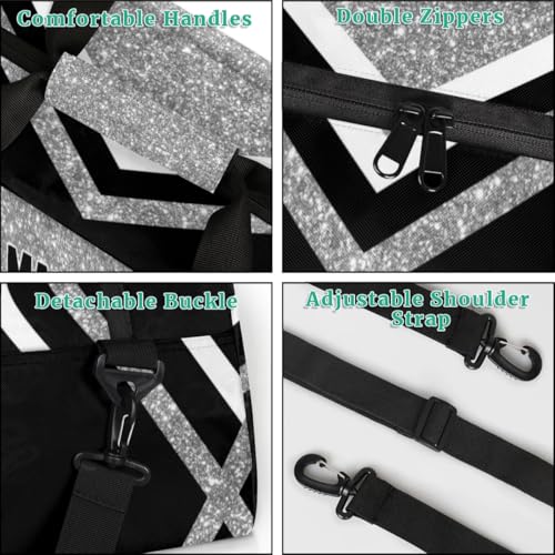 Custom Name Sports Volleyball Duffel Bag, Silver Black Glitters Personalized Sport Gym Duffel Cheerleading Bag Travel Weekender Tote Carry-On Bag - color: Silver Black