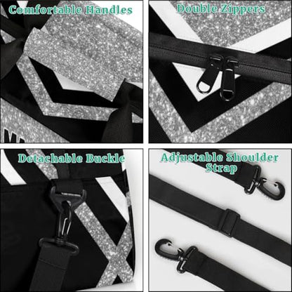 Custom Name Sports Volleyball Duffel Bag, Silver Black Glitters Personalized Sport Gym Duffel Cheerleading Bag Travel Weekender Tote Carry-On Bag - color: Silver Black