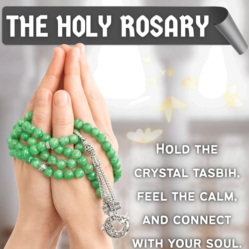 Amazing Gemstone Green Aventurine Tasbeeh with Moon and Star Charm - Certified Crystal Muslim Prayer Beads Natural Gemstone Tasbih Gift for Ramadan Dhikr and Daily Namaz (S) - color: Green Aventurine