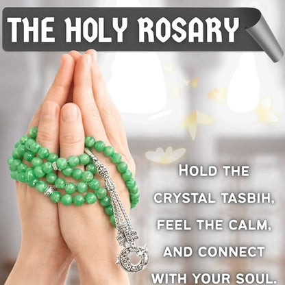 Amazing Gemstone Green Aventurine Tasbeeh with Moon and Star Charm - Certified Crystal Muslim Prayer Beads Natural Gemstone Tasbih Gift for Ramadan Dhikr and Daily Namaz (S) - color: Green Aventurine