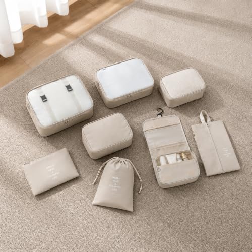 8-Piece Packing Cubes Set with Hooks, Travel Essentials - Packing Cubes for Travel, Organizer Bags for Underwear, Cosmetics, Bras, Clothes & Toiletries（Cream） - color: Off White - Hanging Storage Bag