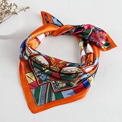 QBSM Womens 23.6 inch Satin Silk Feeling Formal Square Neck Scarf Head Hair Wraps Kerchief - color: Carriage Wheel-orange