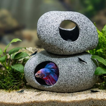 Aquarium Cave Decor - 2 PCS Natural Fish Tank Rocks for Betta Hideout and Shrimp Breeding, Hand-Polished Smooth Edges, PH Neutral, Ideal for 5-20 Gallon Tanks, Aquascaping Stone Ornaments - style: Small+Large-2 PIECES SET