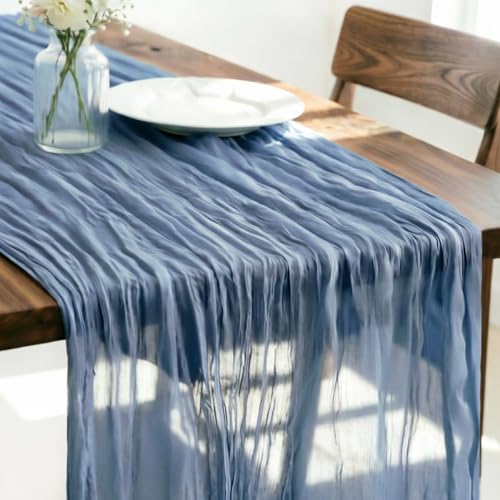 LINXTAR Dusty Blue Cheesecloth Table Runner 160 Inches 14Ft Gauze Summer Boho Table Runner for Wedding Tea Party Baby Shower Bridal Birthday Home Decoration - color: Dusty Blue, size: 14ft
