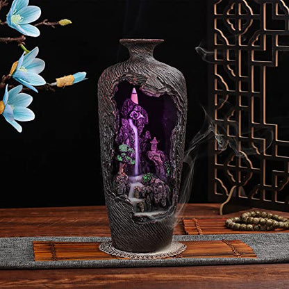 DOBEHOME Mountain Waterfall Incense Burner Backflow Incense Burner Incense Smoke Waterfall with 100 Backflow Incense Cones，Tweezer，Mat (Vase Shape)