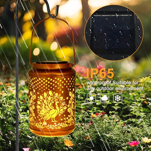 YISITEONE Peacock Outdoor Solar Lanterns, Garden Waterproof Metal Hanging Decor Lights for Patio Yard Pathway Lawn Front Porch, Birthday Gardening Gifts for Women Mom Grandma - style: Peacock