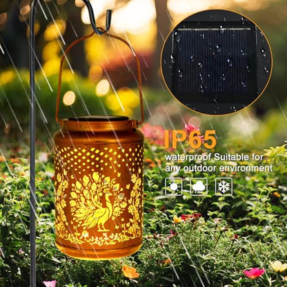 YISITEONE Peacock Outdoor Solar Lanterns, Garden Waterproof Metal Hanging Decor Lights for Patio Yard Pathway Lawn Front Porch, Birthday Gardening Gifts for Women Mom Grandma - style: Peacock
