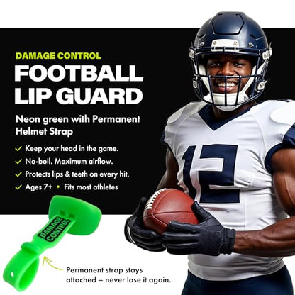 DAMAGE CONTROL Pacifier Football Mouth Guard – Permanent Strap – NeoGreen | Youth Football Mouthpiece, No Boiling, Breathable Design, Protects Lips & Teeth, Works with Braces - color: Neogreen