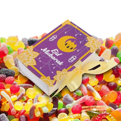 Cabilock Eid Festival Candy Packaging Boxes 20pcs Purple Book Shaped Paper Boxes Ramadan Party Favor Candy Holders for Ramadan Eid Mubarak Treats