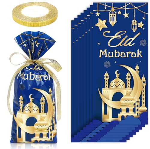 Whaline 100 Pcs Eid Mubarak Cellophane Bags with Ribbon Ramadan Plastic Treat Bags Blue Gold Candy Goodie Bags for Islamic Muslim Party Snack Cookie Packing Supplies - color: Blue Gold
