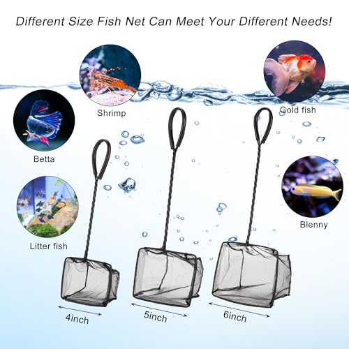 Lpraer 4in 5in 6in Aquarium Fish Net Green Fine Mesh Nylon Net Collection with 11" Long Handle Square Quick Catch Fish Net for Fish Tank - color: Black, size: 6PCS 4，5，6"