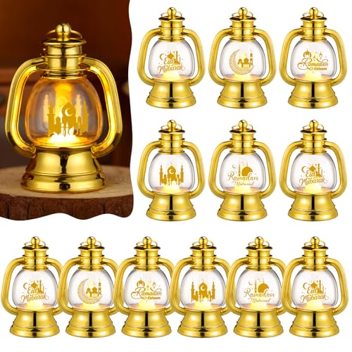 ROCEEI 12 Pcs Ramadan Eid Lantern Mini Gold Lanterns Decorative with LED Candles Small Eid Mubarak Decor Vintage Hanging Lantern Lights for Home Table Centerpiece Party Gift - color: Gold