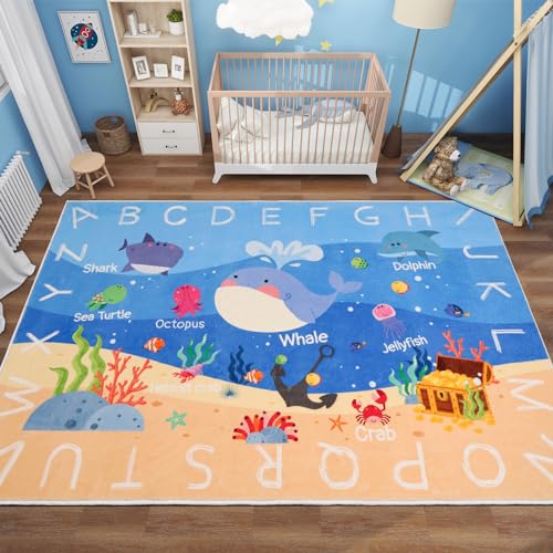 Kids Rugs for Playroom,3'3" x 4'11" ABC Alphabet Whale Kids Rug,Non-Slip Ocean Kid Rug Play Mat,Washable Educational Classroom Rug Kids Area Carpet for Kids Room Playroom(for Age 2+) - size: 3'3" x 4'11" (Rectangular)
