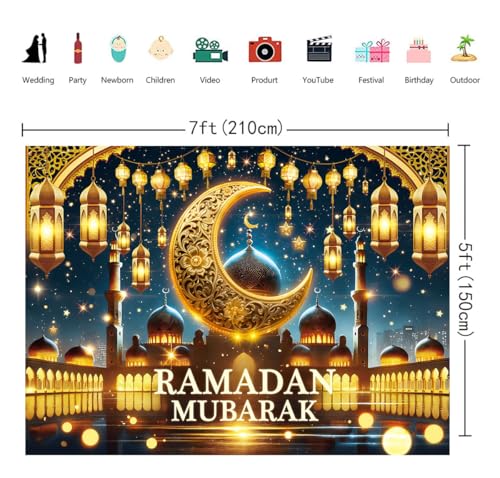 Ramadan Mubarak Backdrop Golden Crescent Moon Lanterns Mosque Banner Eid Mubarak Celebration Ramadan Decorations for Home Booth Prop (7X5FT) - size: 7X5FT