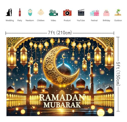 Ramadan Mubarak Backdrop Golden Crescent Moon Lanterns Mosque Banner Eid Mubarak Celebration Ramadan Decorations for Home Booth Prop (7X5FT) - size: 7X5FT