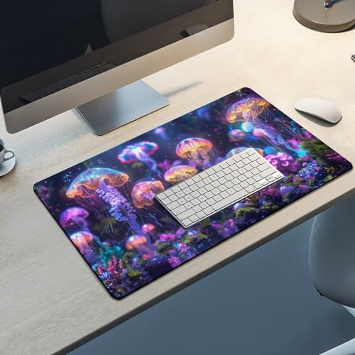 KeKee Colorful Sea Aquarium Neon Jellyfish Octopus Mushrooms Large Mouse Pad Gaming Mousepad Desk Pad for Keyboard and Mouse Mat Non-Slip Base 40X75cm, Style - size: 40X75cm