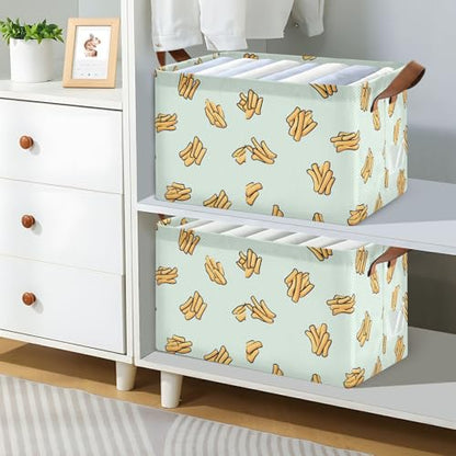 Ollabaky Collapsible Rectangular Closet Storage Bin French Fries Food Pattern Shelf Basket Box with Leather Handles - Storage Cube, Nursery Storage, Laundry Hamper