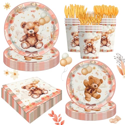 140pcs Gold Bear Birthday Party Decorations Tableware, Bear Table Centerpieces Party Supplies for Pets Lets Pawty Tableware Set Plates Napkins Cups Forks Knives for 20 Guests - size: Bear - 140pcs