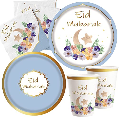 Eid Mubarak Tableware Set for Ramadan Mubarak Table Decorations Supplies Muslim Happiness Ramadan Dessert Plates Eid Al-fitr Party Napkins Forks for 16 Guests Ramadan Party Favors (Blue)