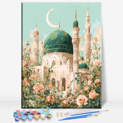 Aeontinity Floral Islamic Mosque Islam Framed Canvas DIY Paint by Numbers Kit Bar Cafe Cave Home Room Wall Bathroom Porch Patio Decor Gift, 16 x 12 Inch - color: FLORAL ISLAMIC MOSQUE