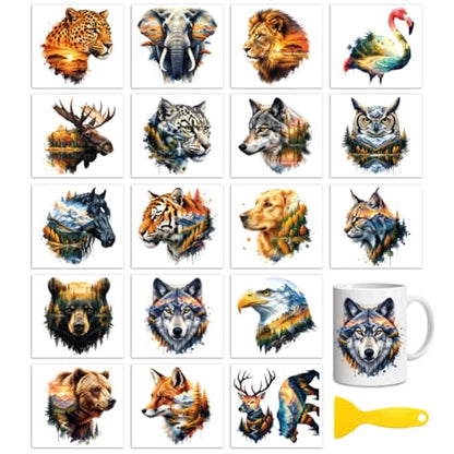 Peacoblue Double Exposure Animals Rub On Transfers Sticker for Craft | 18 Sheets UV DTF Transfers, Waterproof Rub On Decals for Wood, Glass, Furniture, Tumblers & Home Decor Crafts - style: Double Exposure Animals