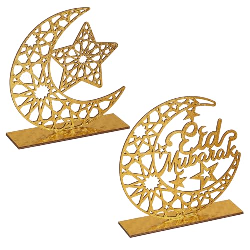 Wood Ramadan Decorations for Home Islamic Eid Mubarak Kareem Table Sign Moon Hollow Star Ornament for Muslim Party Tabletop Decor Art Craft Decoration Golden Moon 2 Pieces - color: Gold Star