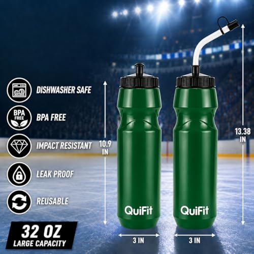 QuiFit Hockey Water Bottle with Long Straw -32oz Lacrosse Water Bottle 2 Pack with 2 Lids Each- BPA Free Squeeze Sports Water Bottles, Leakproof Dishwasher Safe- for Helmet,Lacrosse (Green) - color: Green