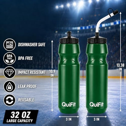 QuiFit Hockey Water Bottle with Long Straw -32oz Lacrosse Water Bottle 2 Pack with 2 Lids Each- BPA Free Squeeze Sports Water Bottles, Leakproof Dishwasher Safe- for Helmet,Lacrosse (Green) - color: Green
