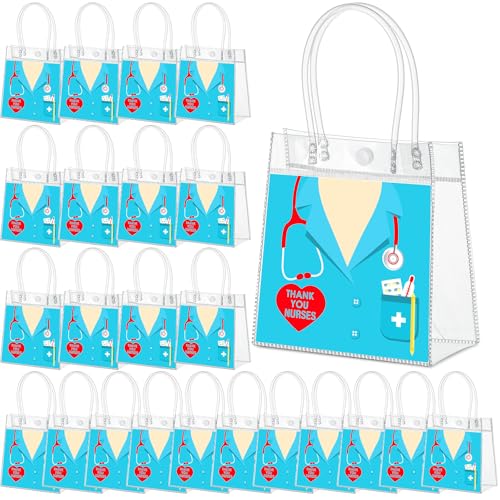 Aliceset 24 Pcs Nurses Week Gift Bags Bulk Clear PVC Thank You Nurse Gift Bags with Handles for Nursing Graduation Hospital Staff, Medical Assistant Appreciation CNA Week, 6.31"x 5.91"x 3.15" - style: Thank You Nurses