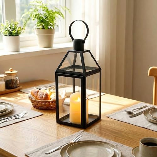JHY DESIGN Black Decorative Lanterns 16“H Decorative Candle Lantern with Tempered Glass for Indoor Outdoor Events Parities and Weddings - color: Black
