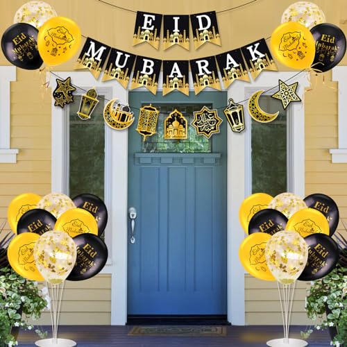 AhfuLife Eid Mubarak Banner Set Decorations, 4 Pcs Preassembled Eid Mubarak Banners with 16 Pcs Balloons, Reusable Black and Golden Ramadan Decoration, Star Moon Garland Decor for Muslim Party