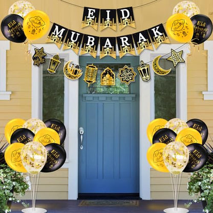 AhfuLife Eid Mubarak Banner Set Decorations, 4 Pcs Preassembled Eid Mubarak Banners with 16 Pcs Balloons, Reusable Black and Golden Ramadan Decoration, Star Moon Garland Decor for Muslim Party