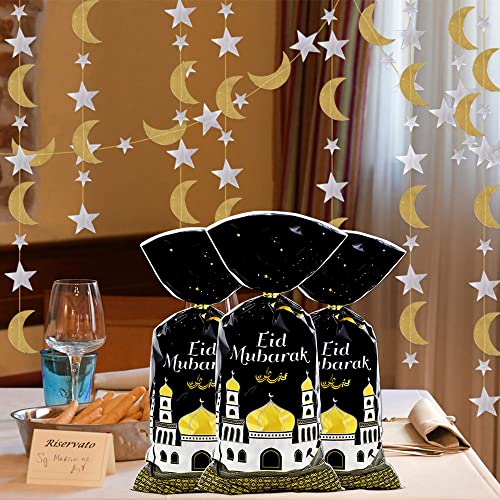 Eid Mubarak Goodie Bags, 100 Pieces Muslim Castle Moon Star Pattern Ramadan Treat Bags Cellophane Bags Goody Favor Bags with Gold Twist Ties for Muslim Islamic Eid Iftar Diwali Party Kids Gifts - - color: Black