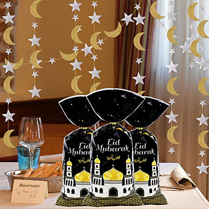Eid Mubarak Goodie Bags, 100 Pieces Muslim Castle Moon Star Pattern Ramadan Treat Bags Cellophane Bags Goody Favor Bags with Gold Twist Ties for Muslim Islamic Eid Iftar Diwali Party Kids Gifts - - color: Black