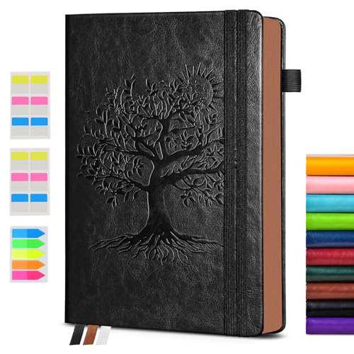 Vintage Leather Journal - 300 Page Lined Journal for Women Men, A6 Small Notebook with 2 Elastic Straps, 3 Ribbons, Pen Holder, Pocket Notebook for Work, Travel, Writing, Daily Diary (3.7" x 6.8") - color: Black, size: A6 (3.7in x 6.8in)