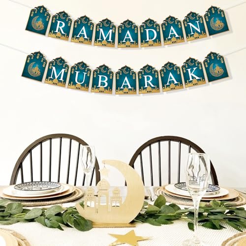 VILIFEVER 2 in 1 Ramadan Eid Mubarak Banner with Lantern Moon Star Sign, Eid Ramadan Mubarak Decorations for Mantel Fireplace Al-fitr Party Decoration Supplies