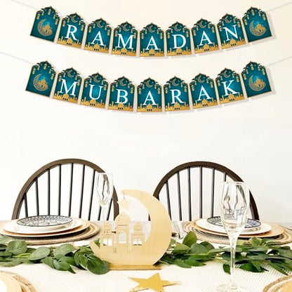VILIFEVER 2 in 1 Ramadan Eid Mubarak Banner with Lantern Moon Star Sign, Eid Ramadan Mubarak Decorations for Mantel Fireplace Al-fitr Party Decoration Supplies