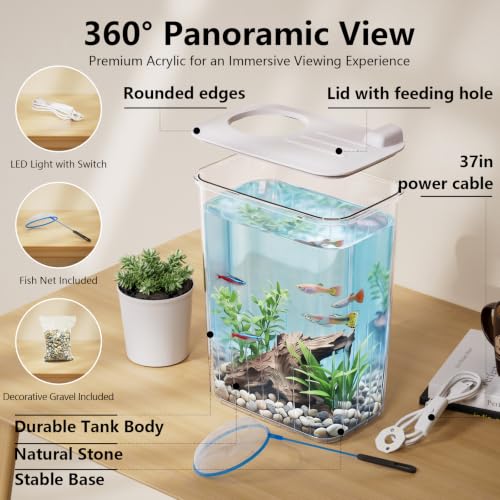1 Gallon Betta Fish Tank Aquarium Starter Kit with Light and Lid(White) | Premium Acrylic Aquarium with Light and Lid, Crystal Clear Starter Kit for Betta Fish, Shrimp, Snails and Small Fish - color: White, size: 1 Gallon