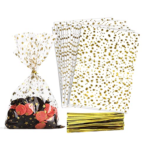 100 Pcs Star Printed 4"X6" Gift Wrap Cello Cellophane Treat Bags Party Favor bags Clear Candy Cookie Bags Plastic Poly Goodie Storage Bags with Twist Ties for Bakery,Birthday, Wedding ,Party Decorations (Gold) - color: Gold, size: 4x6 in
