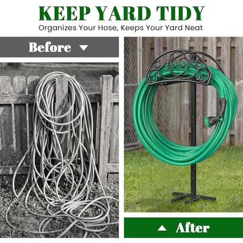 Sunvigor Garden Hose Holder, Heavy Duty Metal Hose Stand with 4 Spikes, Holds Up to 150FT Hose, No Drill Freestanding Hose Reel Alternative for Yard Lawn Outdoor - color: Black-vine Style