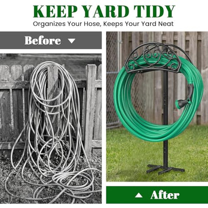 Sunvigor Garden Hose Holder, Heavy Duty Metal Hose Stand with 4 Spikes, Holds Up to 150FT Hose, No Drill Freestanding Hose Reel Alternative for Yard Lawn Outdoor - color: Black-vine Style