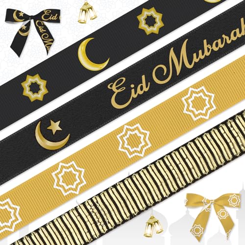 4 PCS Ramadan Ribbons 3/8" Eid Mubarak Decor Ribbons Black Gold Moon Star Words Lantern Grosgrain Ribbons for Eid Ramadan Decoration Islamic Muslim Party Favor Gift Wrapping Crafts Decoration Supplies - color: Black, Gold